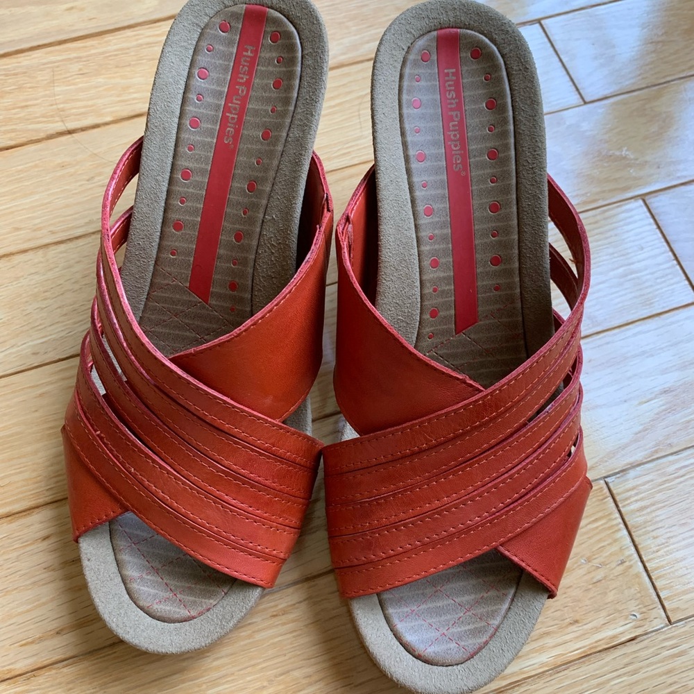 Hush Puppies Leather Burnt Orange Wedge Sandals